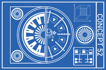Detailed blueprint layout of a roulette design and mechanical elements for Concept 52 game