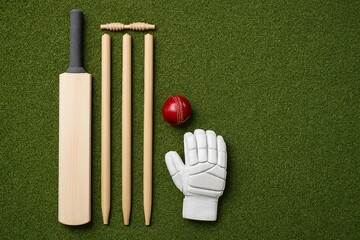 Cricket equipment arranged neatly on green grass background for sports enthusiasts
