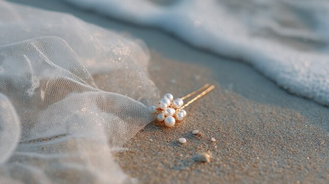 Beach wedding detail — delicate veil and pearl hairpin on sand by gentle surf, serene romantic mood, soft natural light, minimal editorial style, ideal for bridal inspiration, destination ceremony