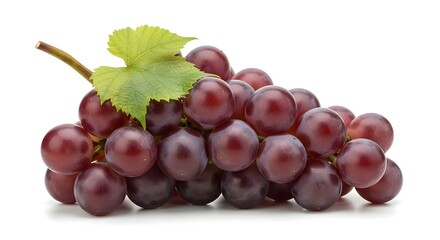 Fototapeta premium Red grapes with a single green leaf on a white background, studio shot