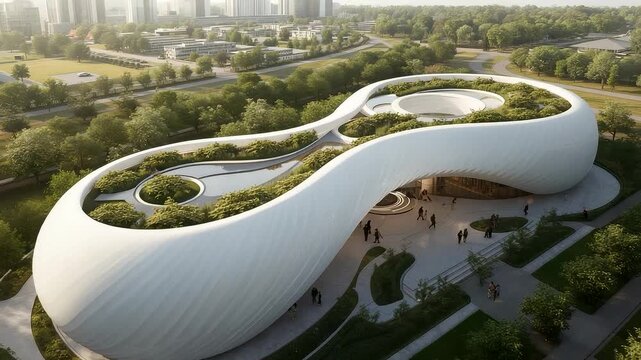 Aerial View of Modern Infinity-Shaped Building with Green Rooftop Gardens in Urban City Landscape