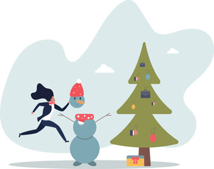 A businesswoman celebrates the Christmas holidays by making a snowman.