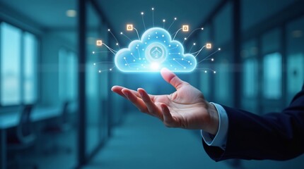 A person in a suit holds a glowing cloud icon with connected security symbols, in a modern office.