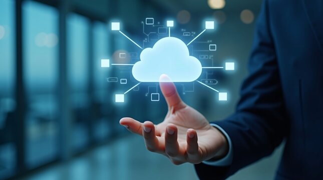 A person in a suit holds a glowing cloud icon connected to digital squares, in a modern, blue-toned office setting.