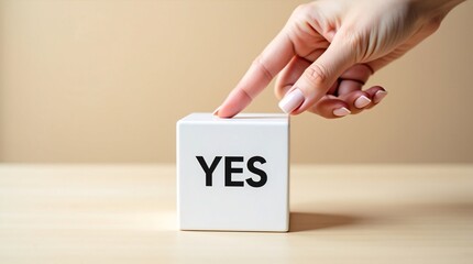 A hand with light pink nails touches a white cube labeled "YES" on a light surface.