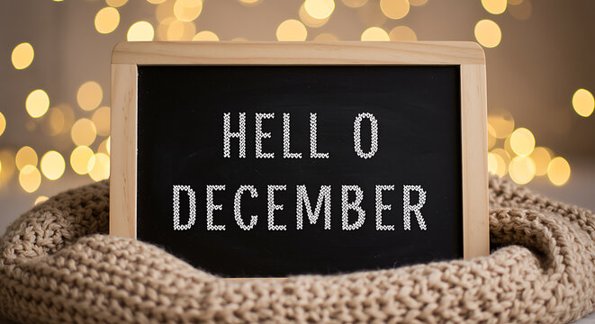Hello December cozy holiday season message with soft lights bokeh background