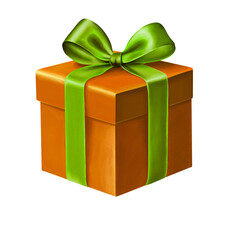 Orange Watercolor Gift Box with Green Ribbon – Hand-Painted Watercolor Texture Clipart