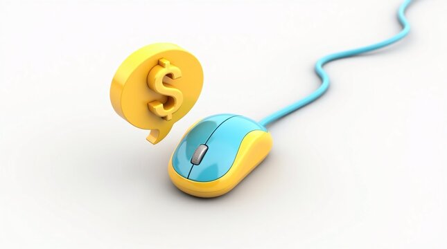 A blue and yellow computer mouse with a turquoise cord, next to a yellow speech bubble with a golden dollar sign, on a white background. - Powered by Adobe