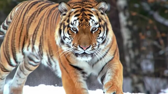 A powerful tiger with orange and black stripes running through a snowy forest, its intense gaze fixed forward, showcasing its predatory nature and wild beauty