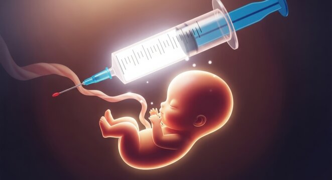 Syringe administering medical treatment to a fetus in utter darkness illustration
