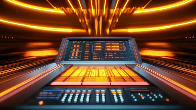 Futuristic jukebox with glowing orange interface and console