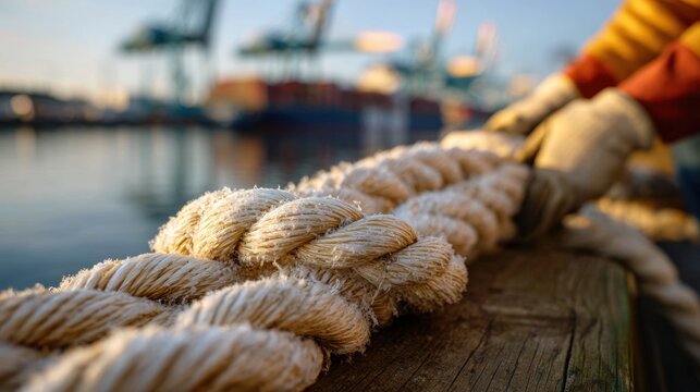 Harbor rope handled by gloved dockworker, calm focus, golden hour closeup macro, industrial maritime logistics scene conveying strength, teamwork, and reliability for shipping and nautical safety