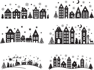 Christmas Village, Winter landscape On White Background
