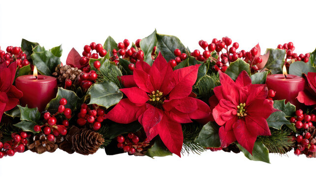 Christmas border with poinsettia, berries, pine cones and candles isolated on white background