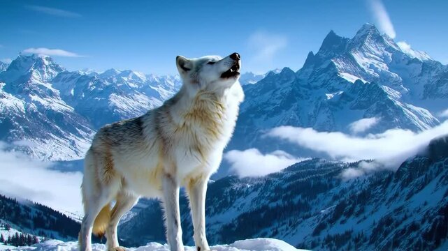 A majestic wolf howling at the sky on a snowy mountain peak, surrounded by majestic snowcapped mountains and clouds