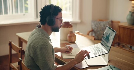 Businessman, writing and laptop with headphones at house for data analysis, finance report or audio. Person, remote work and notes with graphs on pc, financial podcast and stats for profit increase - Powered by Adobe