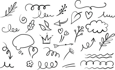 Lineart crown, leaves, flower, set of bundle collection.