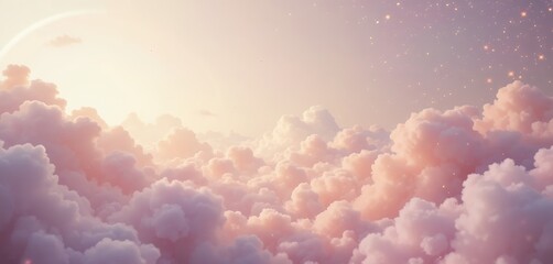 Dreamlike cosmic sky filled with soft pink clouds and shimmering stars at sunrise or sunset