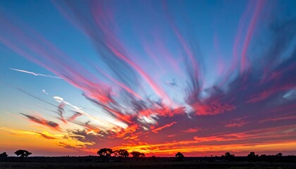 Vivid sunset with striking pink clouds over a dark landscape featuring silhouetted trees