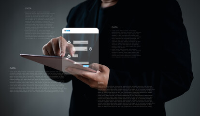 A corporate professional using a digital tablet interacting with an AI chatbot interface, displaying floating message boxes and data blocks, representing modern communication, automation, and smart te