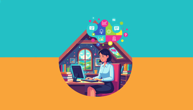 Remote worker efficiently managing data and creativity from her vibrant attic home office