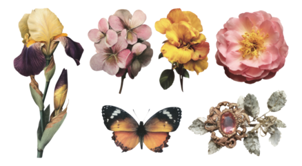 Isolated Floral Ornaments with Butterfly on Transparent Background for Design Use