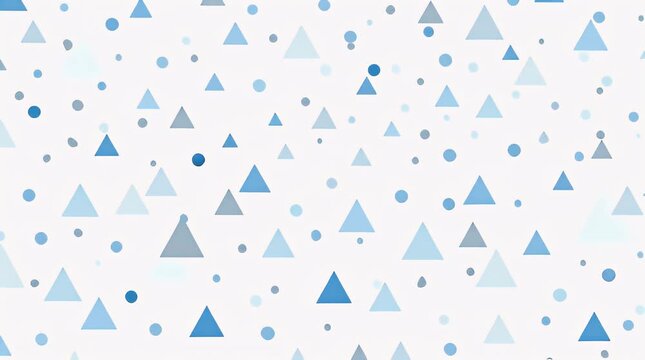 A white background is adorned with varying sizes of blue triangles and circles. They appear scattered randomly across the composition
