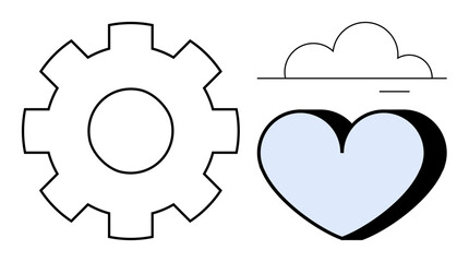 Gear emphasizing technology next to heart symbolizing emotion under a subtle cloud. Ideal for innovation, collaboration, balance, technology, empathy, well-being, creativity. A simple flat metaphor