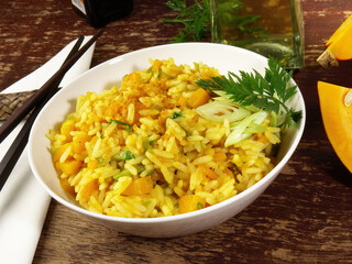 Food - Curry Rice in a Bowl on wooden Background