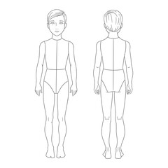 Toddler fashion design template featuring young boy body croquis in front and back views. Clean line art illustration perfect for toddler clothing designers, children's fashion sketching