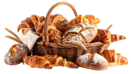 Basket Of Fresh Bread And Pastries In Rustic Woven Basket On Transparent Background