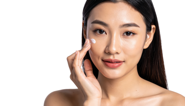 Portrait Of A Woman Applying Cream On Cheek For Skincare Beauty Shot On Transparent Background