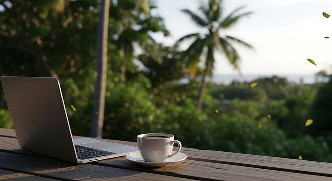 Laptop and Coffee Cup on Wooden Table in Tropical Outdoor Setting with Green Foliage and Palm Trees. representing the concept of remote work and digital nomad lifestyle.