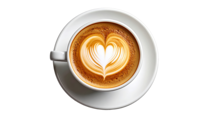 Top-Down Latte Art Heart in White Cup on Transaprent Background, Café Coffee Beverage