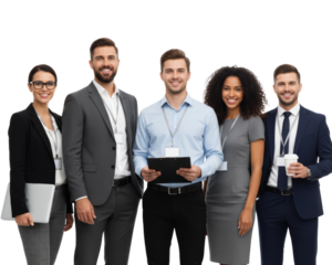 Diverse professional team in modern attire radiates competence against emptiness