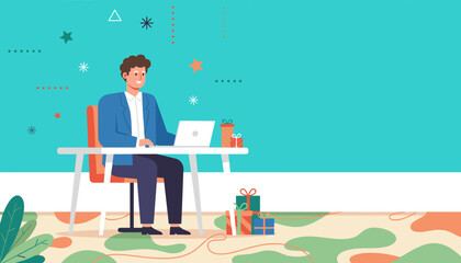 Businessman working remotely during the holiday season with gift boxes