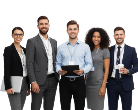 Diverse professional team in modern attire radiates competence against emptiness