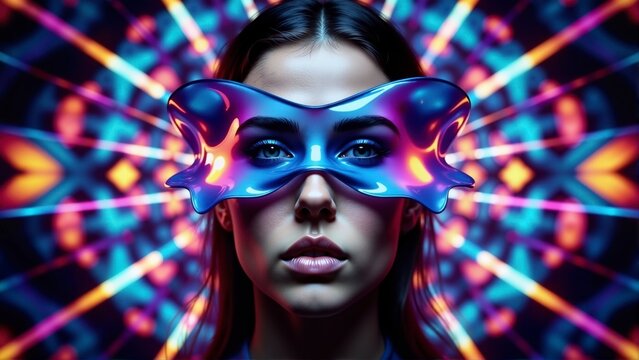 Futuristic woman in vibrant blue and purple mask, abstract neon kaleidoscopic background.