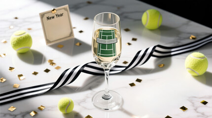 New Year tennis celebration with champagne and confetti.