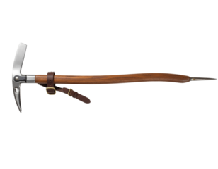 Wooden Ice Axe with Steel Pick and Wrist Strap, isolated on a transparent background