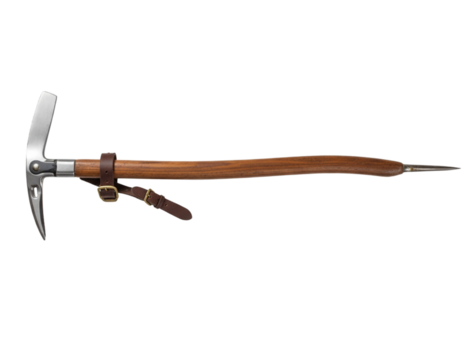 Wooden Ice Axe with Steel Pick and Wrist Strap, isolated on a transparent background
