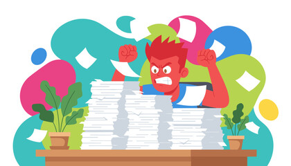 Overworked employee overwhelmed by massive piles of paperwork and bureaucracy experiencing stress and burnout
