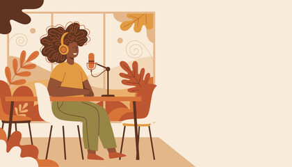 Woman podcaster recording audio content in a cozy studio setting Copy space illustration