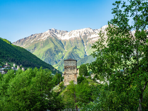 view of svan tower in Mestia from Svaneti Museum