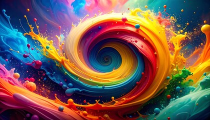 Vivid, swirling vortex of rainbow colors blending together creating dynamic abstract art with droplet details