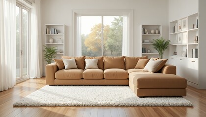 Fototapeta premium Modern spacious living room featuring elegant brown sectional sofa and natural light from large