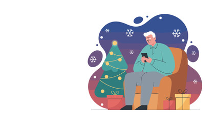 Senior man using smartphone near Christmas tree Online shopping or distant holiday greetings