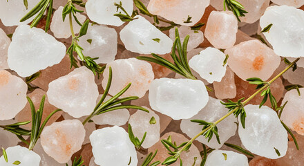 Macro shot of pink salt crystals and rosemary sprigs, aromatic seasoning