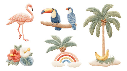 Obraz premium Colorful Exotic Birds and Tropical Plants on Transparent Background