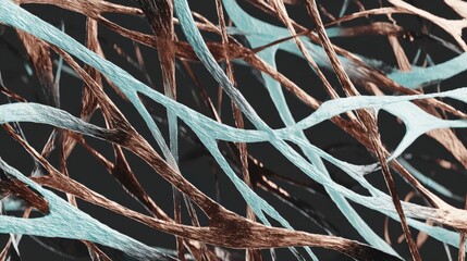 Abstract representation of neural connections featuring intricate strands of metallic copper and teal fibers intertwined against a sleek dark background creating a contemporary digital art piece